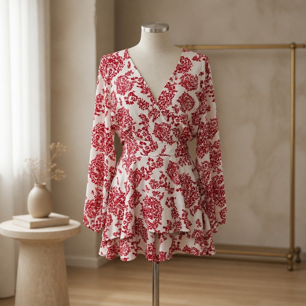 Womens Red White Floral Long Sleeve Ruffle Hem Romper Large Faux Wrap Tie Back